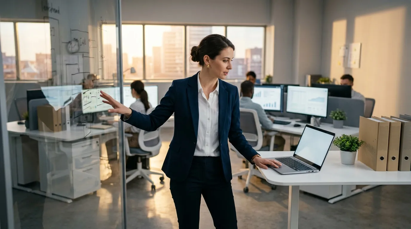 Femme d'affaires présente des données dans un bureau contemporain