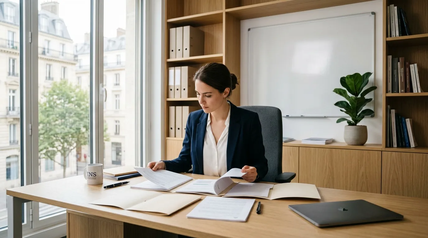 Femme d'affaires examinant des documents à son bureau