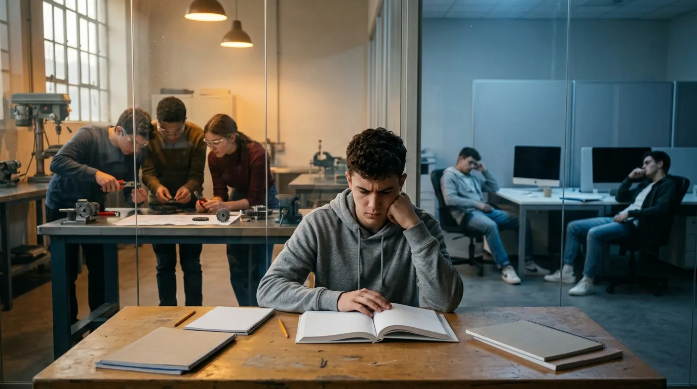 Jeune homme &eacute;tudiant seul &agrave; une table dans un atelier