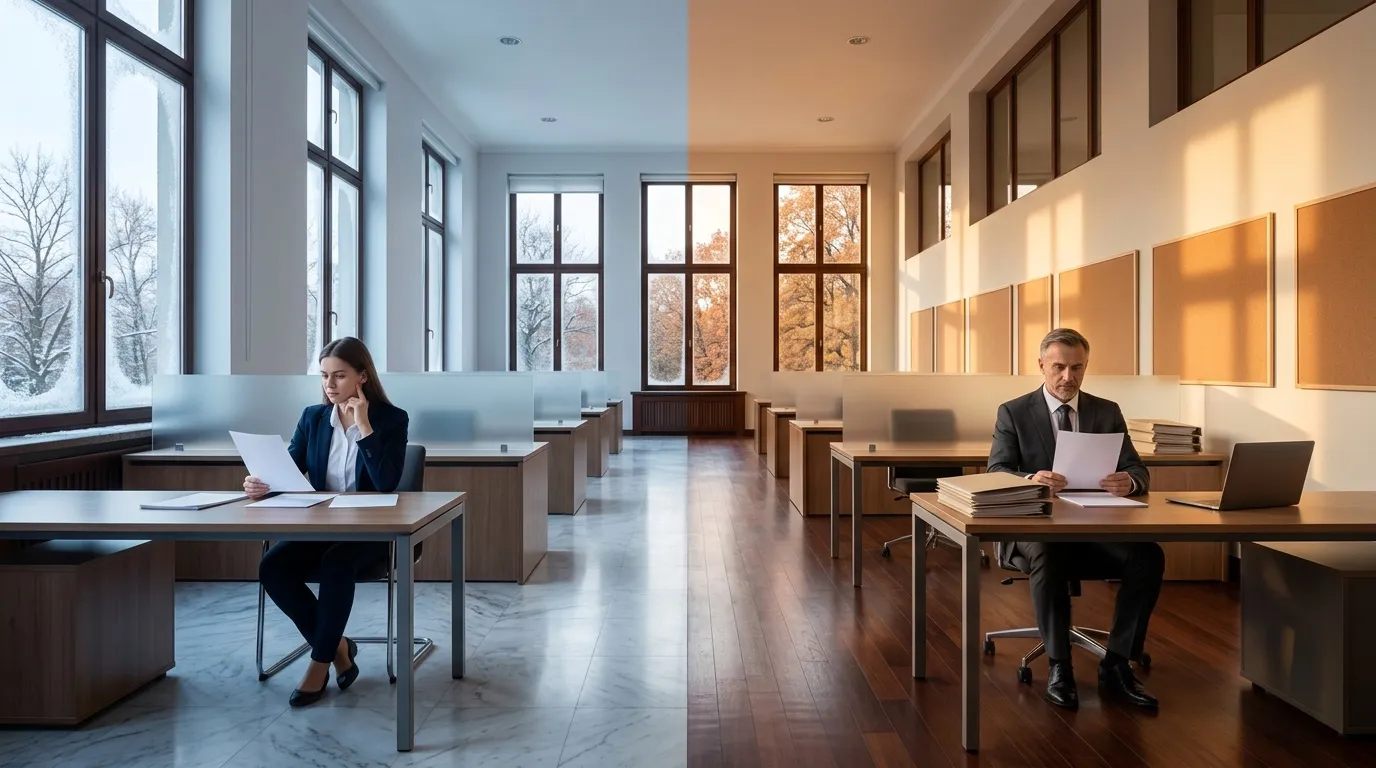Deux employ&eacute;s travaillent dans un bureau spacieux et lumineux