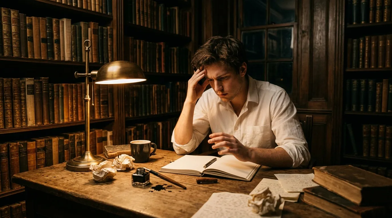 Homme &eacute;crivant &agrave; son bureau dans une biblioth&egrave;que ancienne
