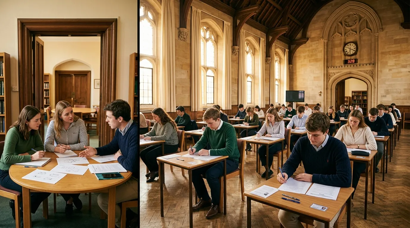 &Eacute;tudiants passant un examen dans une salle architecturale imposante.