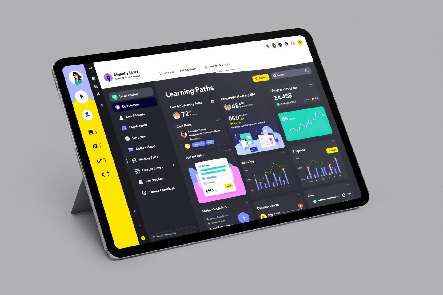 Interface de plateforme e-learning avec graphiques et statistiques d'apprentissage