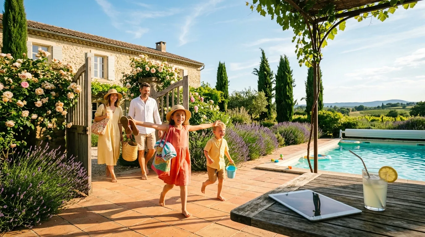 Famille heureuse à la piscine, maison pierre Toscane, cyprès