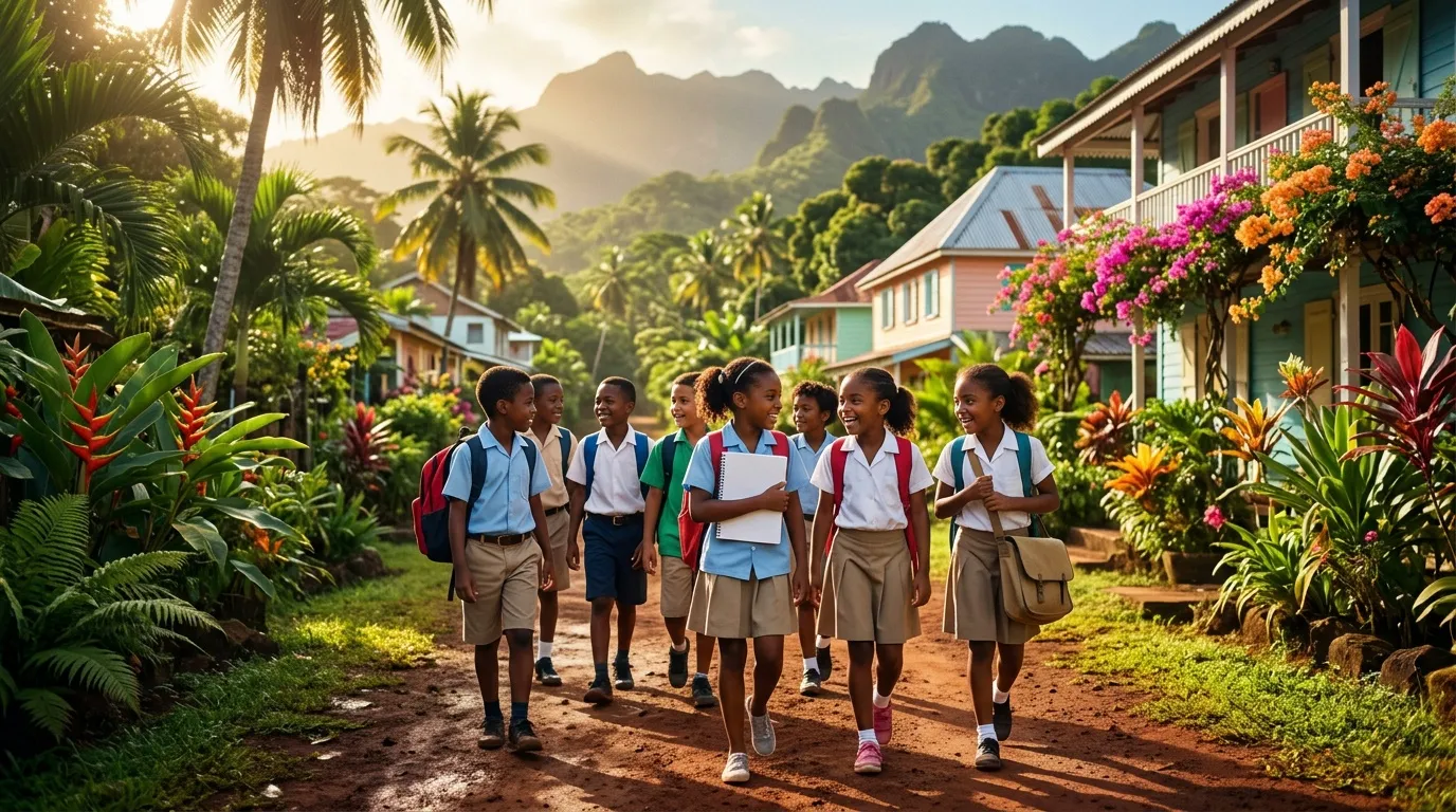 Groupe d'enfants en uniforme scolaire marchant sur chemin de terre
