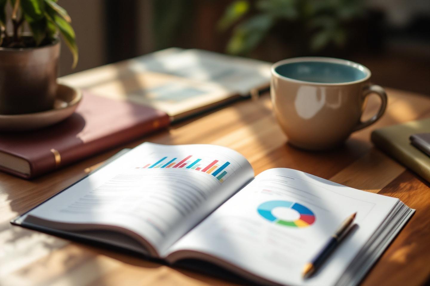 Livre ouvert avec graphiques, tasse et plante sur bureau