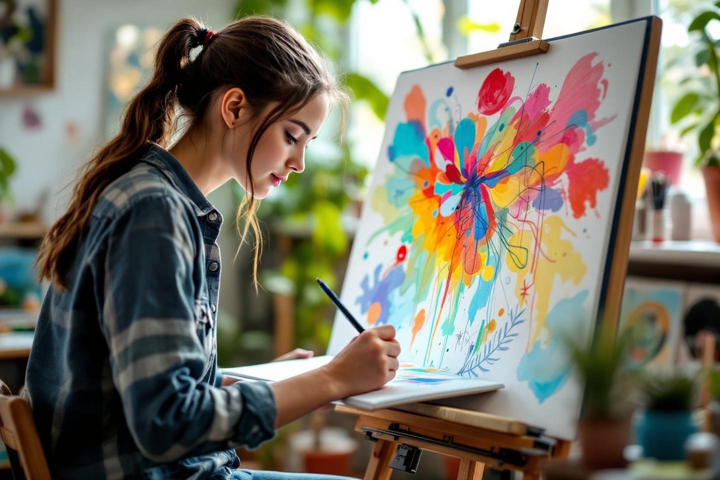 Jeune artiste créant une peinture florale colorée sur chevalet