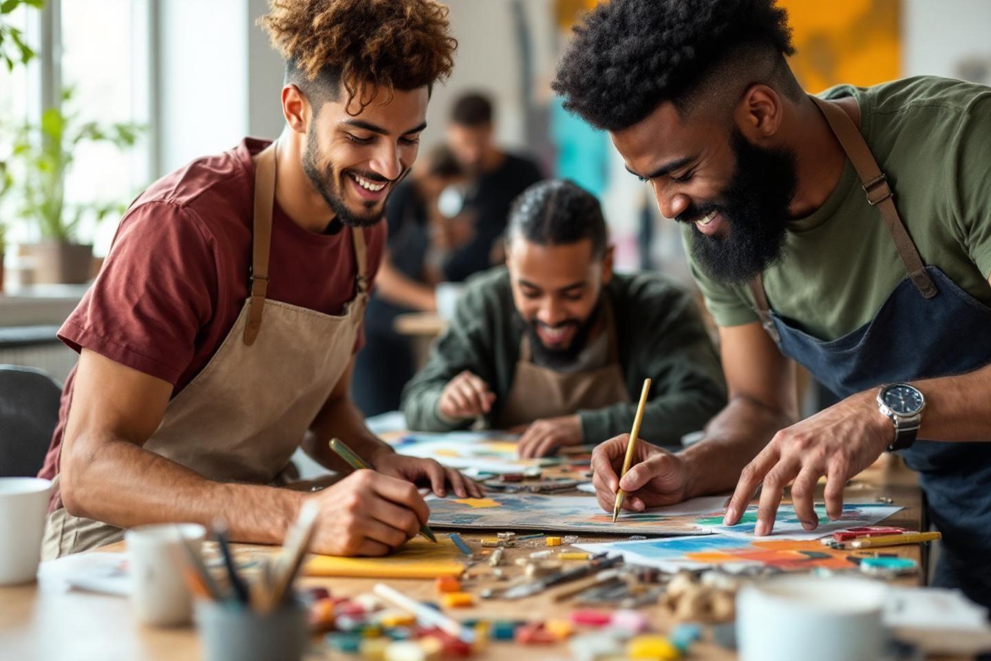 Trois hommes dessinant ensemble avec des crayons color&eacute;s