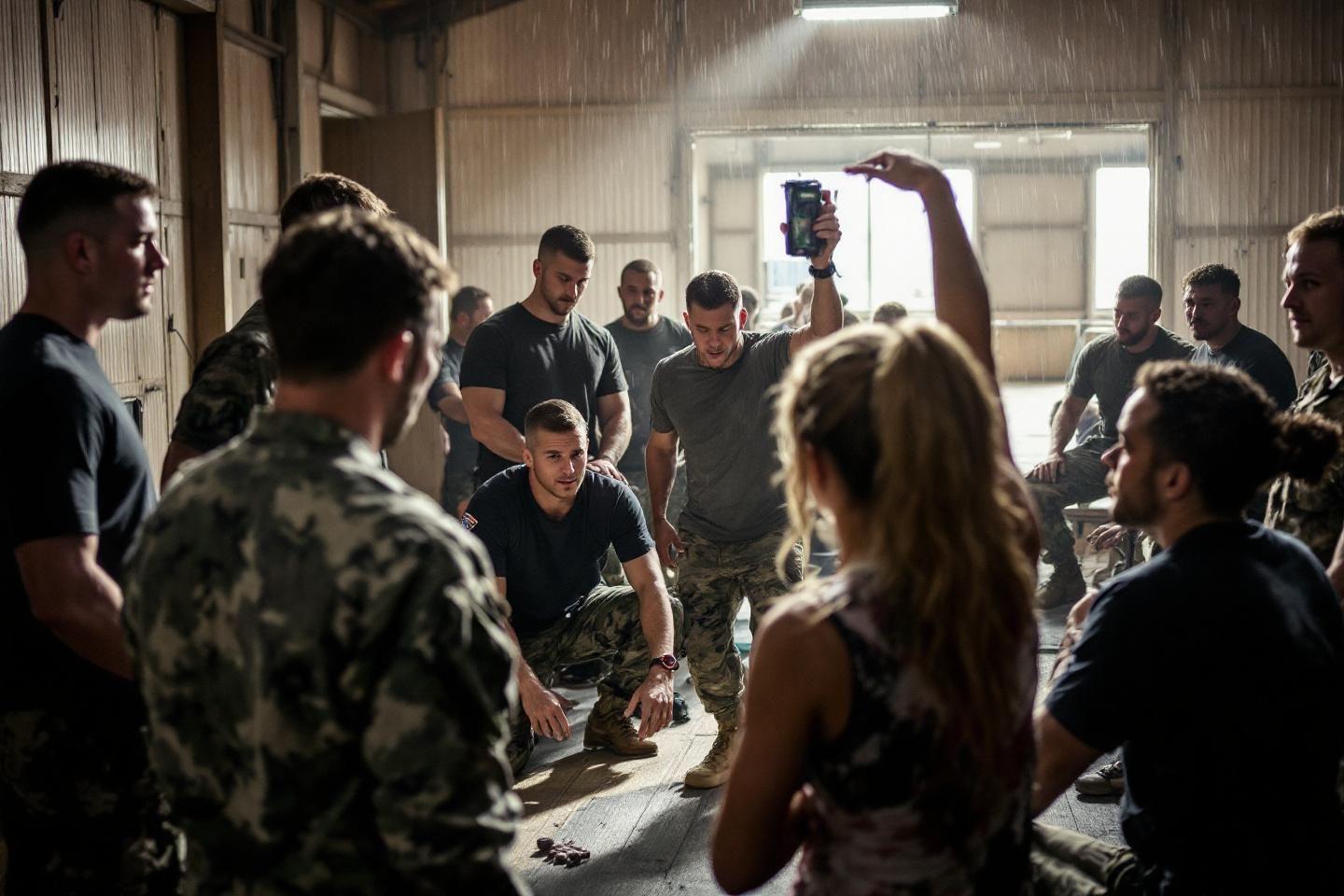 Groupe de soldats en formation dans un b&acirc;timent industriel