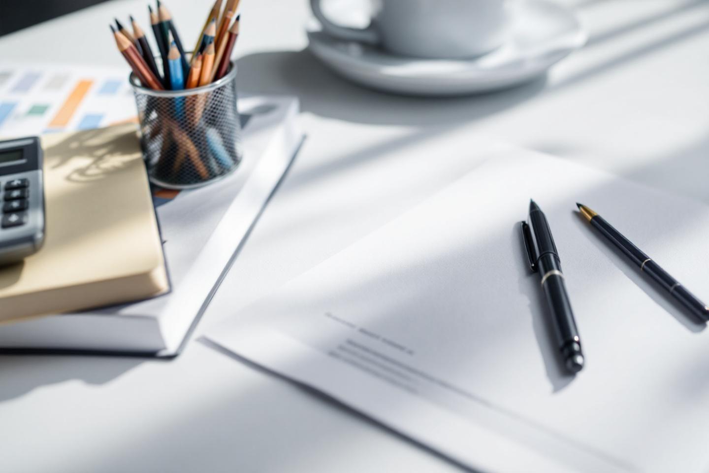 Gros plan sur un espace de travail avec crayons, stylos et tasse