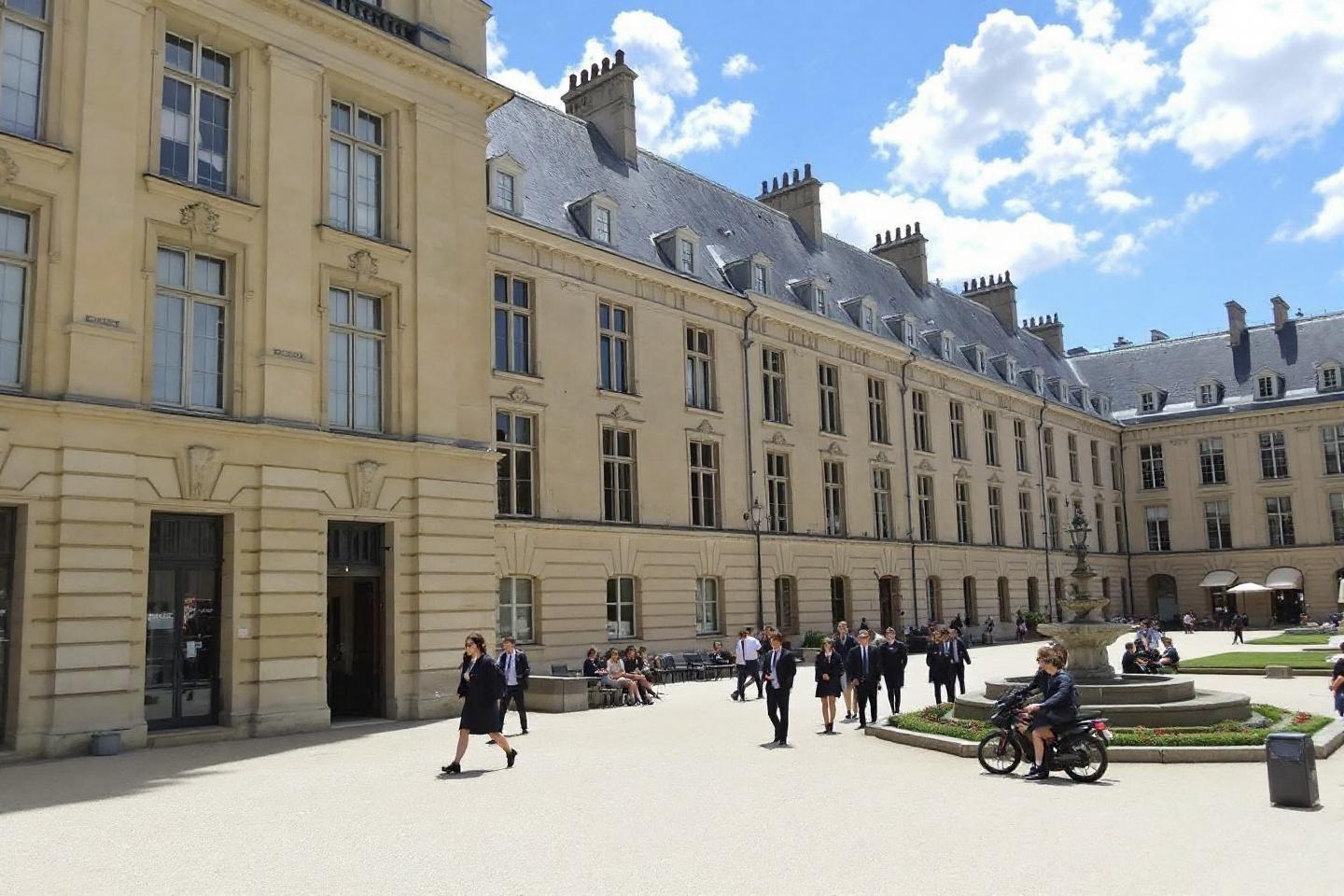 Bâtiment historique avec cour et personnes en tenues élégantes
