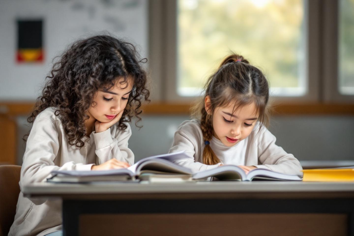 Deux fillettes en blanc &eacute;tudient ensemble dans une salle de classe