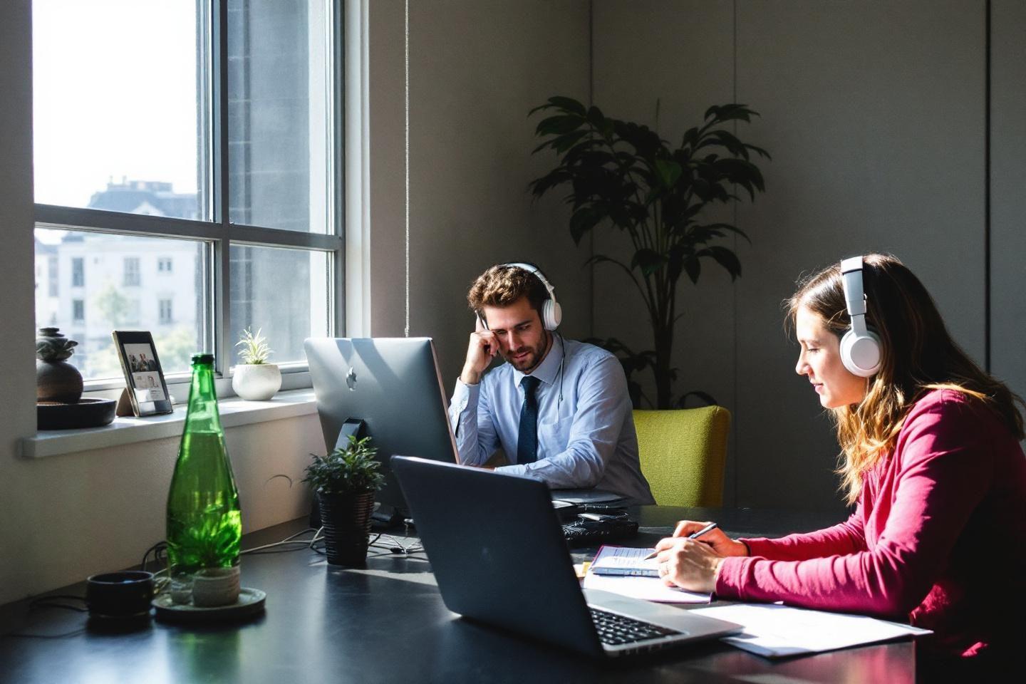 Deux employ&eacute;s de bureau concentr&eacute;s avec des ordinateurs portables et des &eacute;couteurs