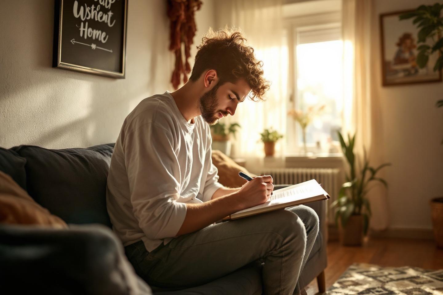Un homme &eacute;crit dans un cahier sur un canap&eacute; confortable