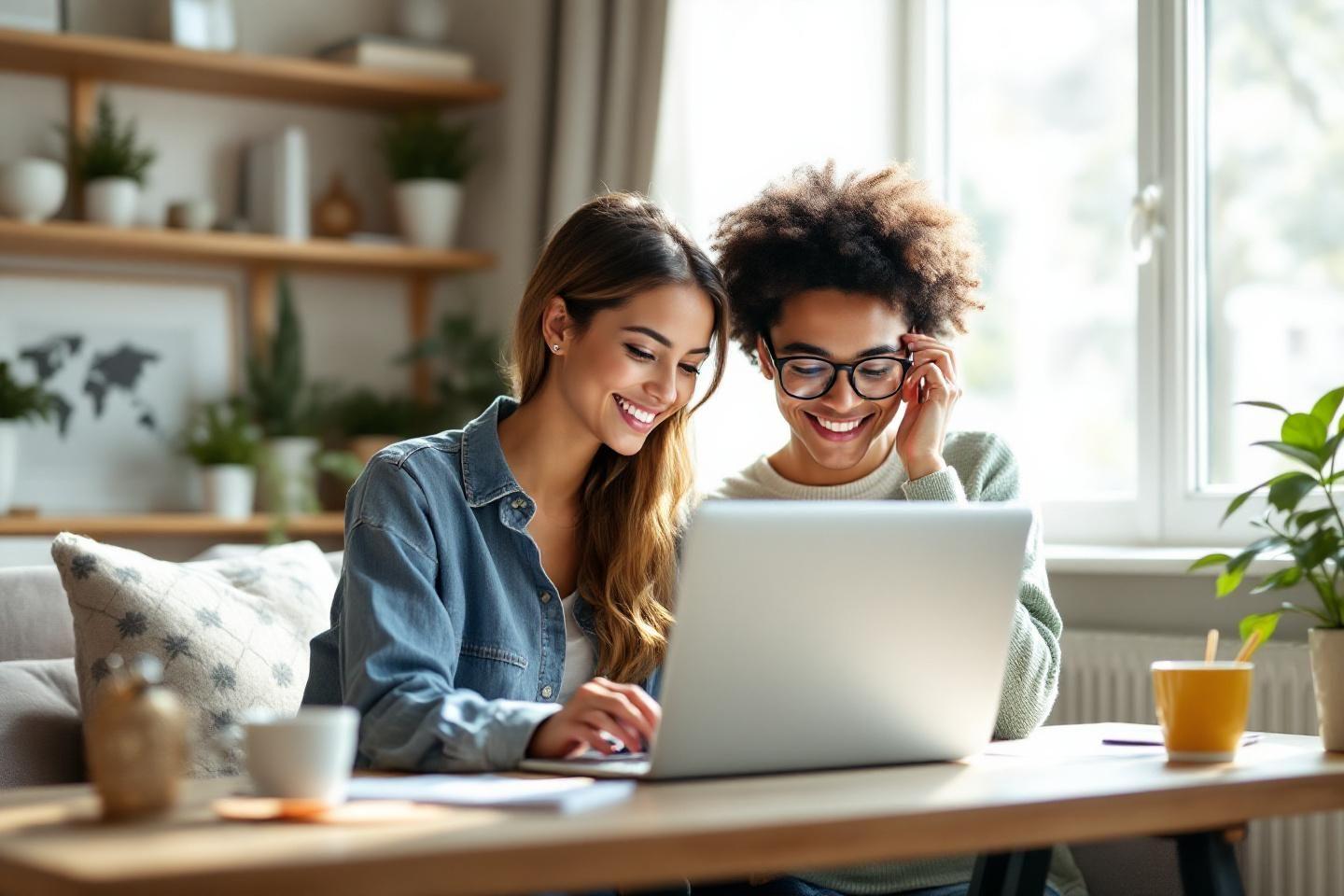 Deux femmes souriantes devant un ordinateur portable à la maison