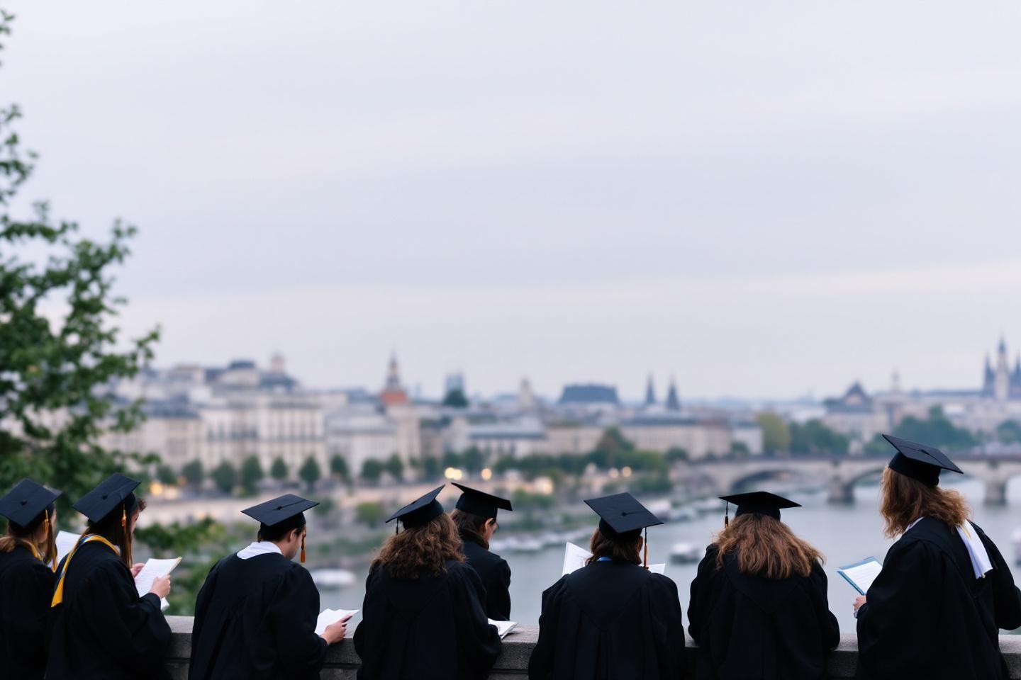 Des &eacute;tudiants en toge noire observent un panorama urbain