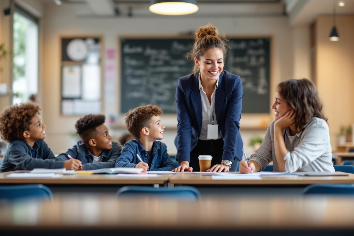 Professeure souriante travaillant avec des enfants en classe