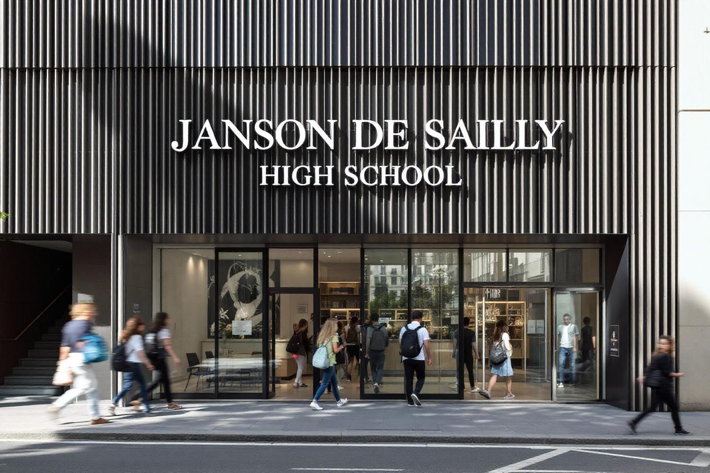 Façade moderne de lycée avec des élèves entrant