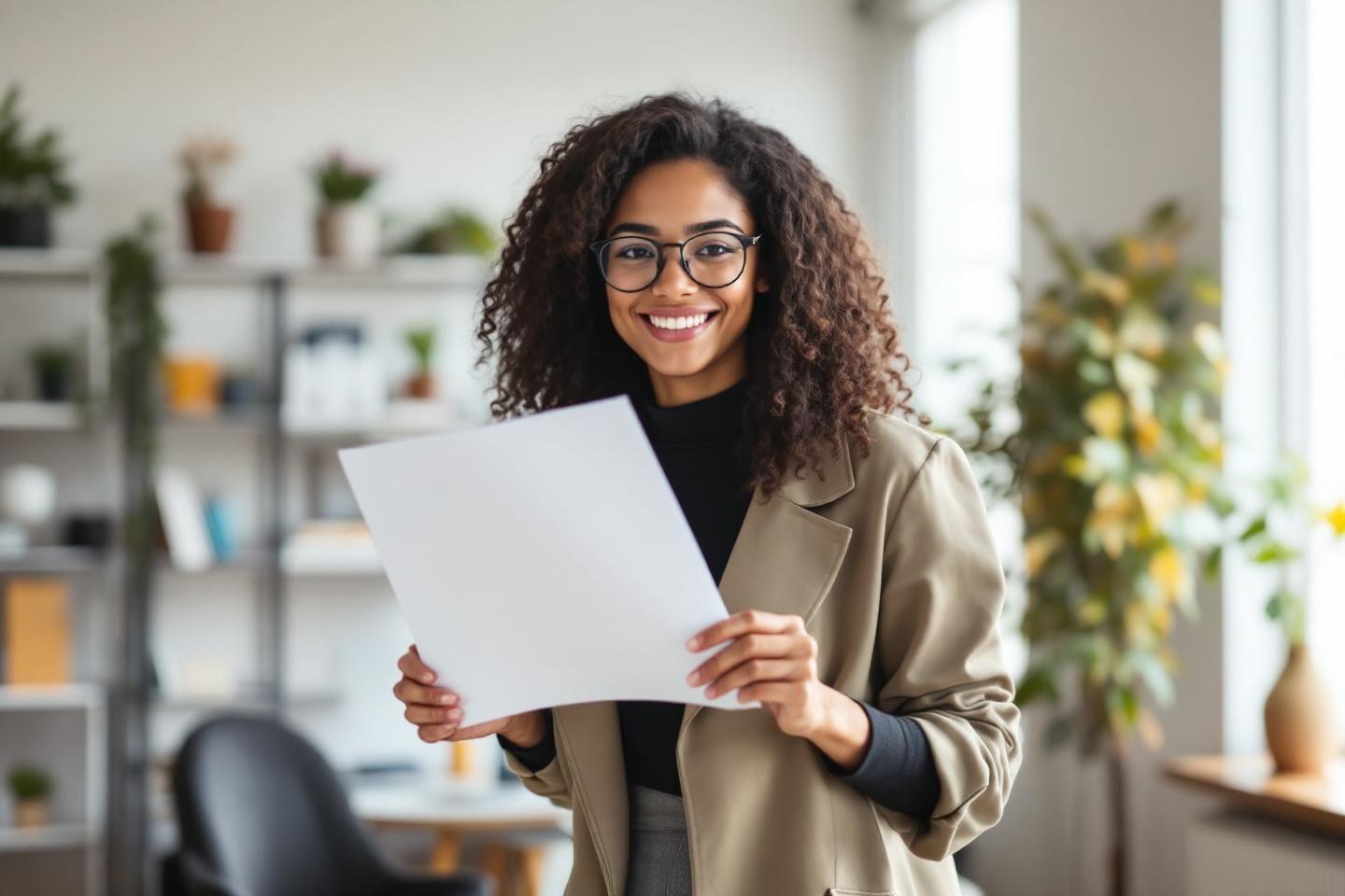 Professionnelle souriante tenant un document dans un bureau lumineux