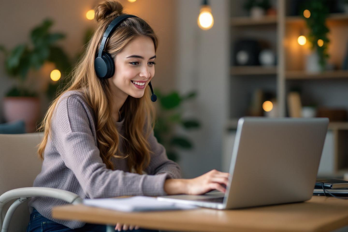 Jeune femme souriante sur ordinateur portable portant des écouteurs