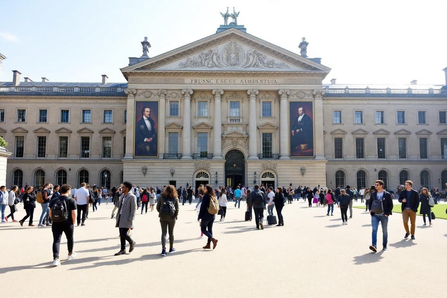 Nombreuses personnes marchant sur la place d'un &eacute;difice classique