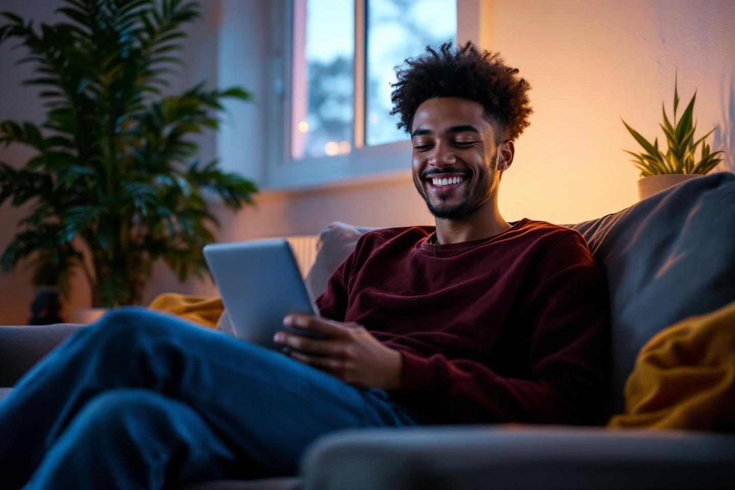 Jeune homme heureux utilisant une tablette dans un salon confortable