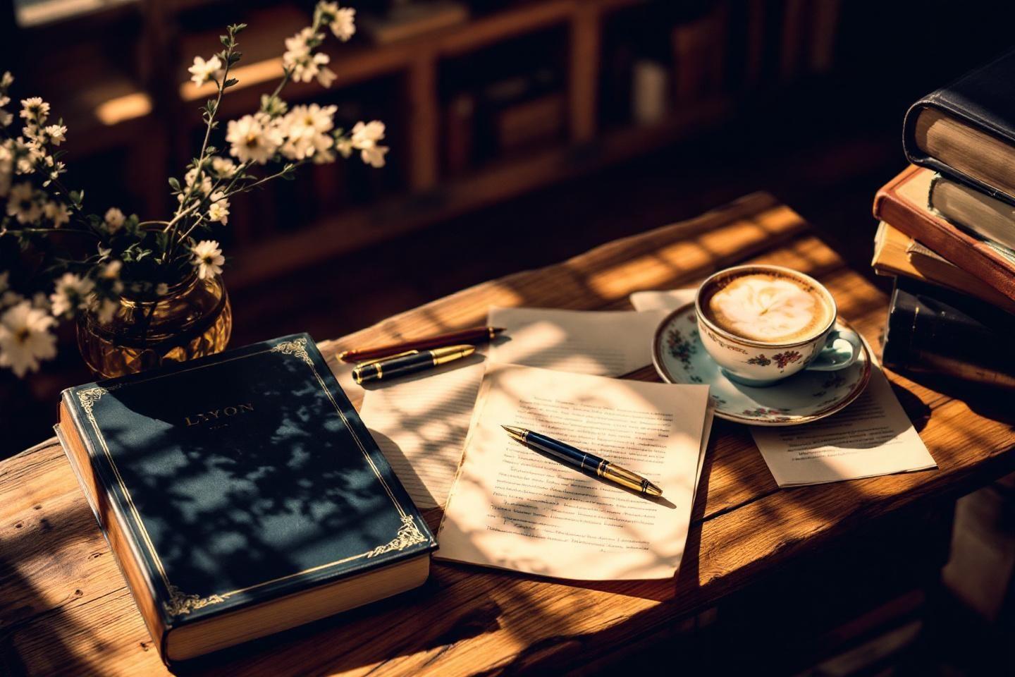 Livre, stylos, café et fleurs sur une table en bois