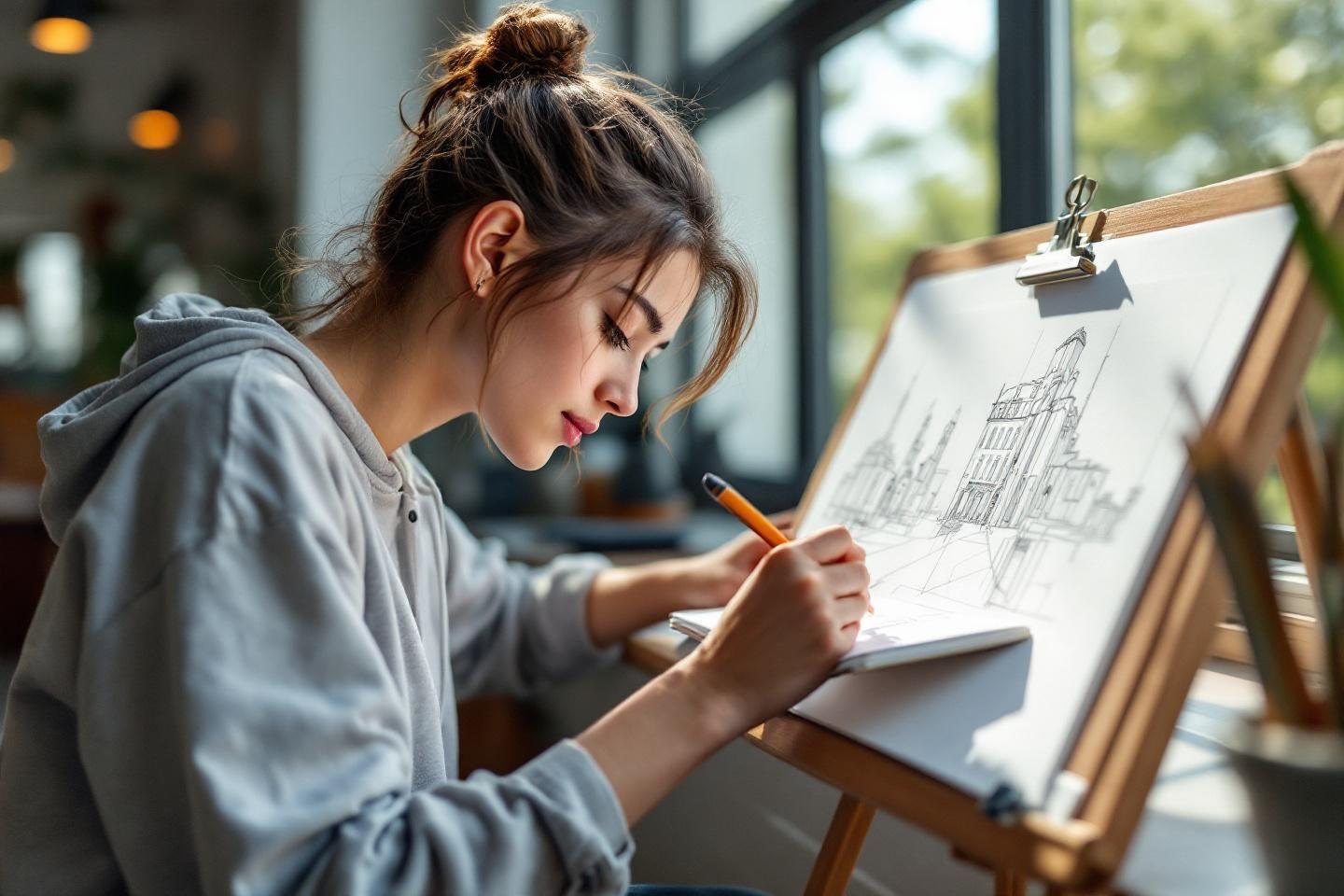 Dessin architectural sur chevalet par une artiste concentrée