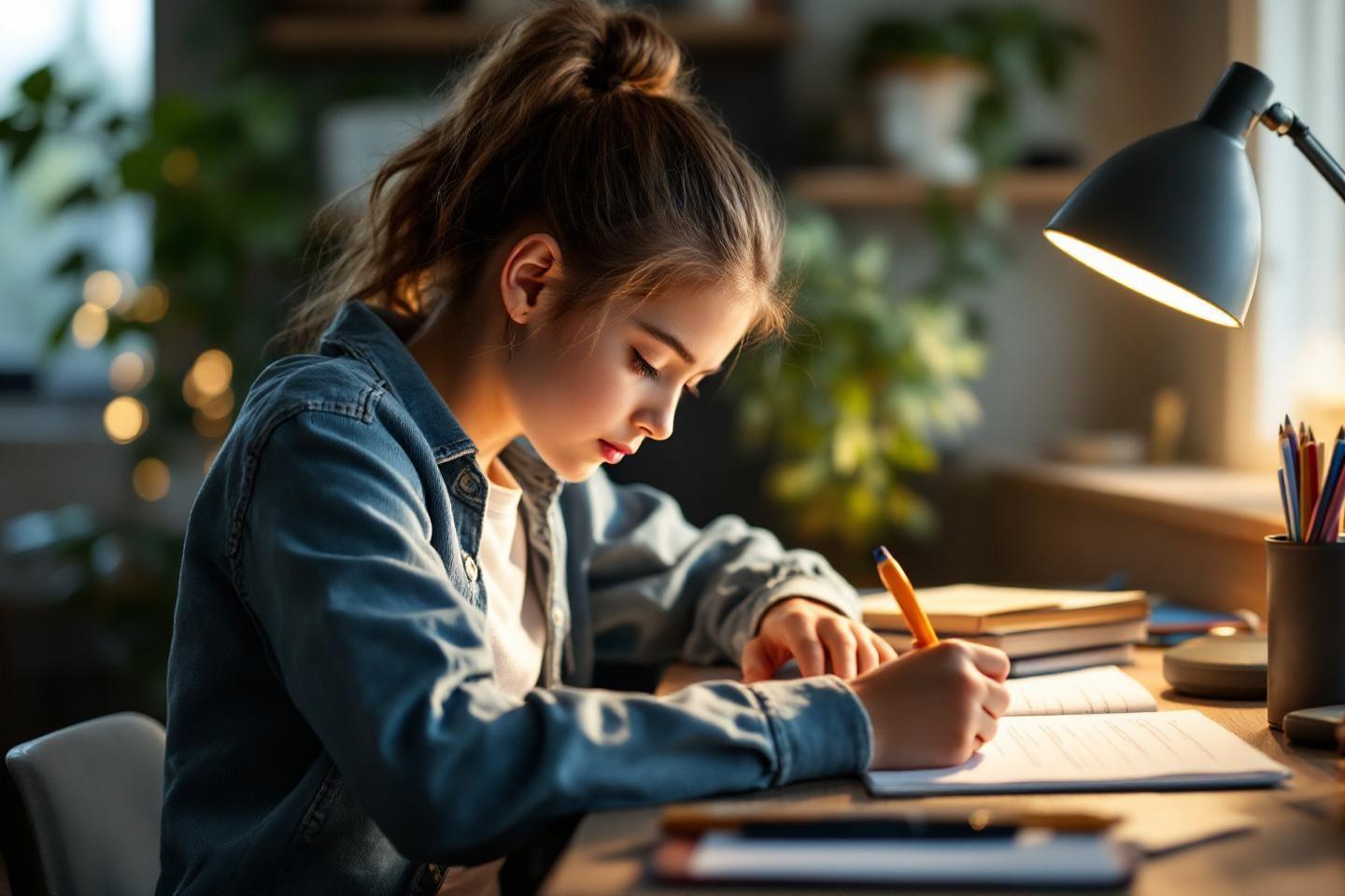 Enfant en chemise en jean écrivant à la table avec lampe