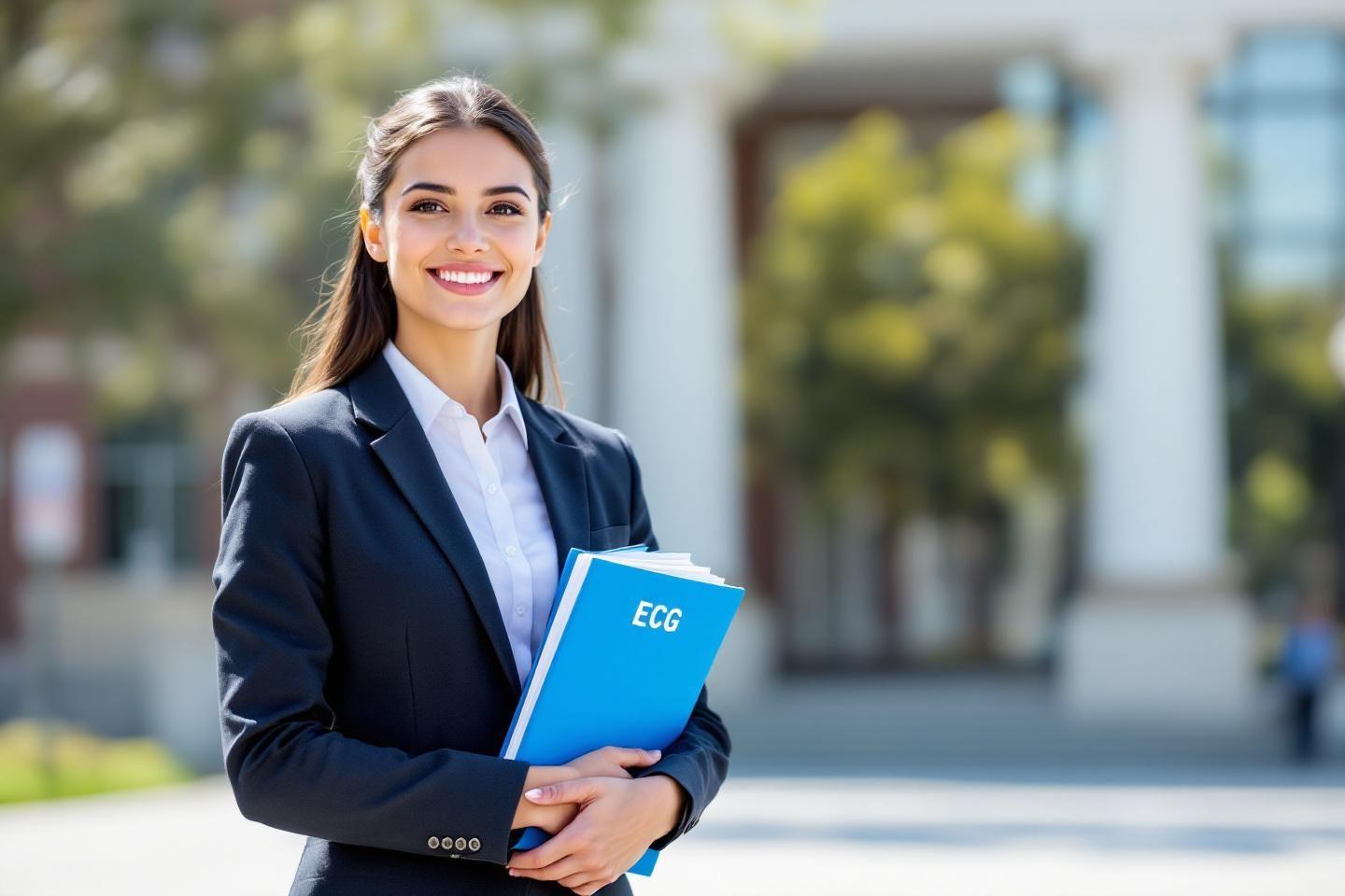 Femme d'affaires en costume bleu tenant un dossier ECG