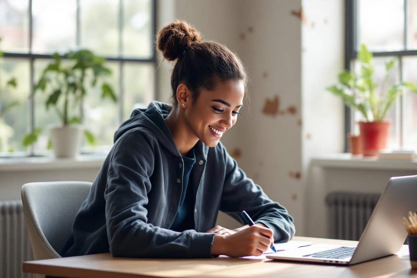 Étudiante ou employée travaillant sur ordinateur portable avec enthousiasme
