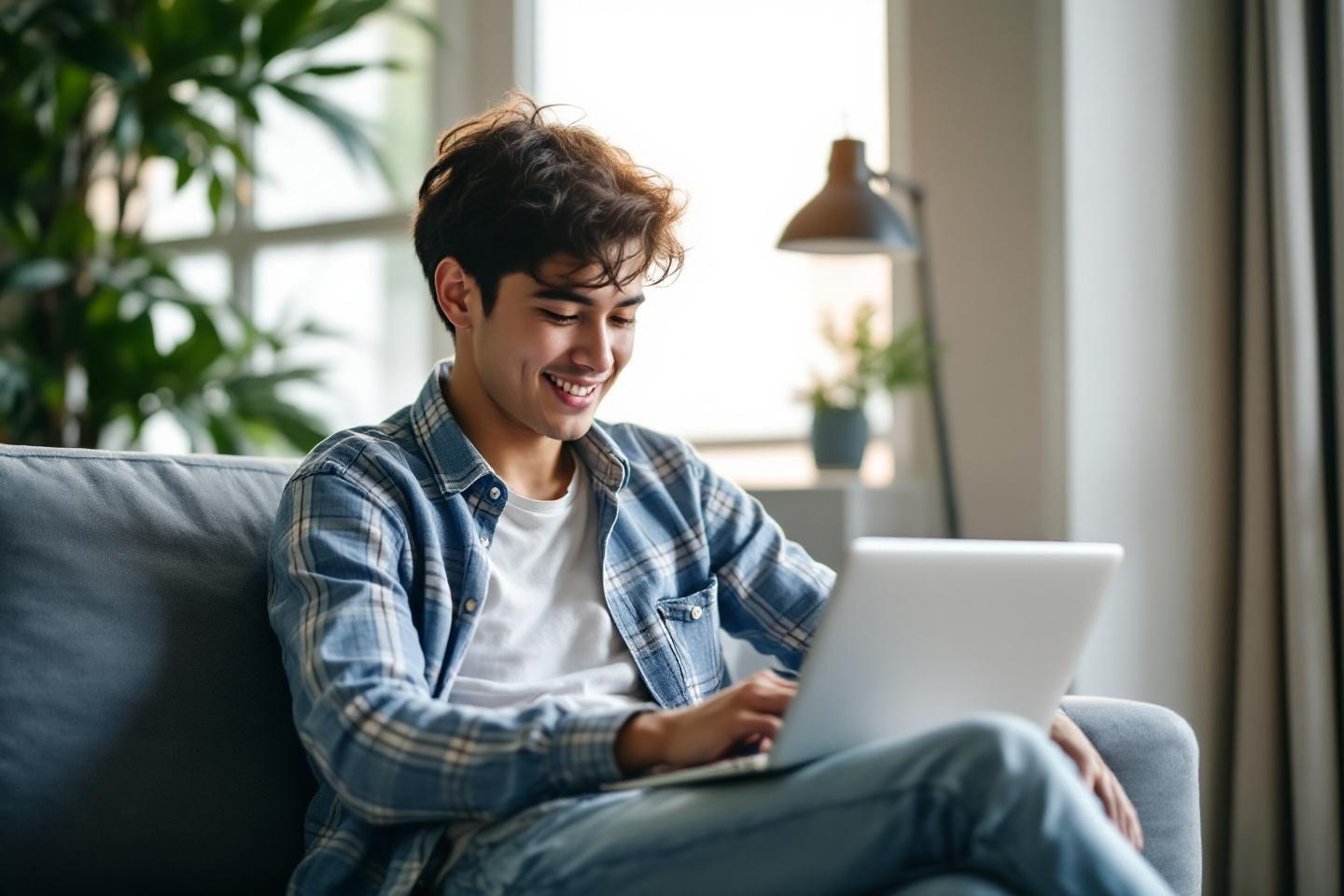 Homme travaillant sur un ordinateur portable, assis sur un canapé bleu