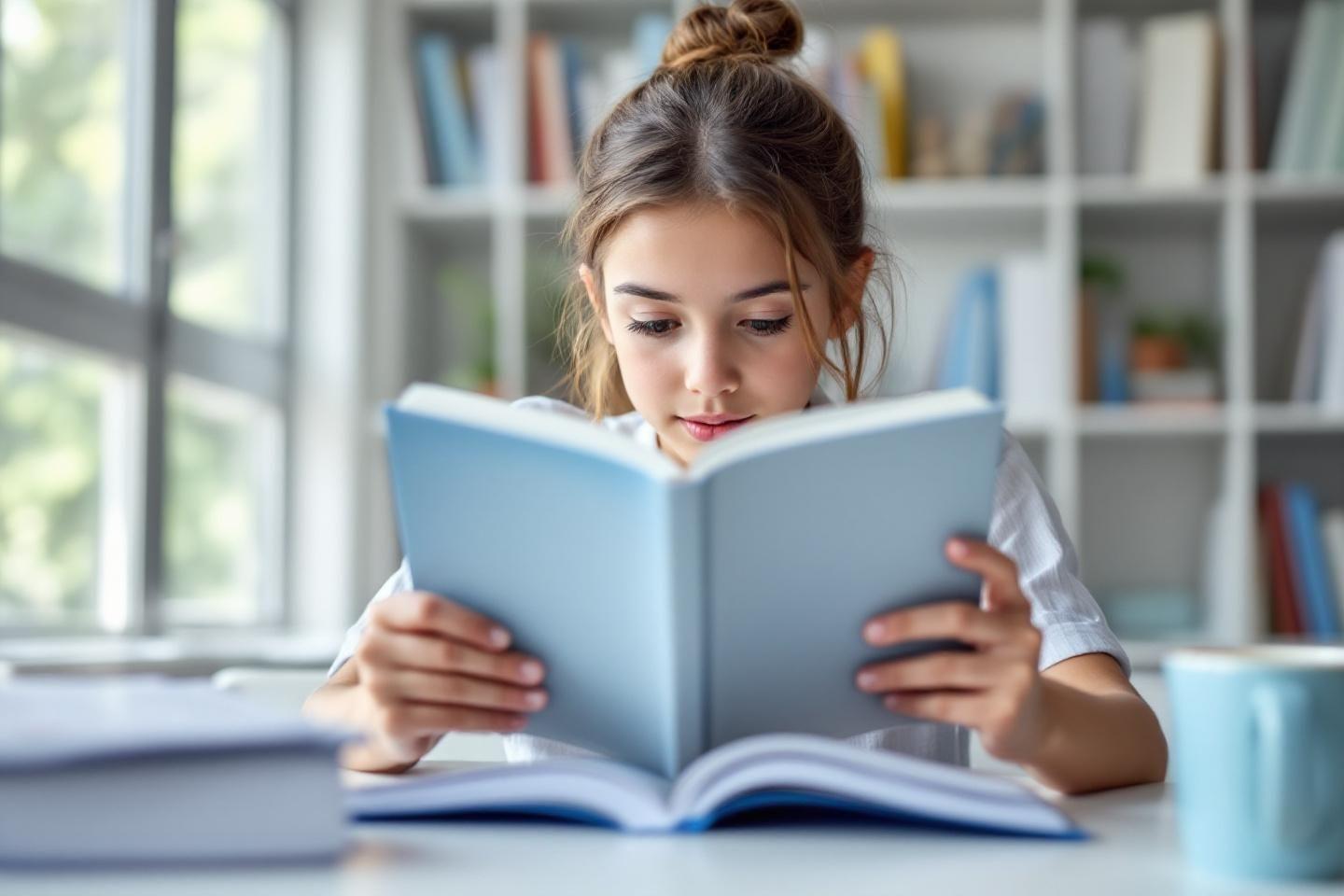 Enfant lisant un livre bleu près d'une bibliothèque lumineuse