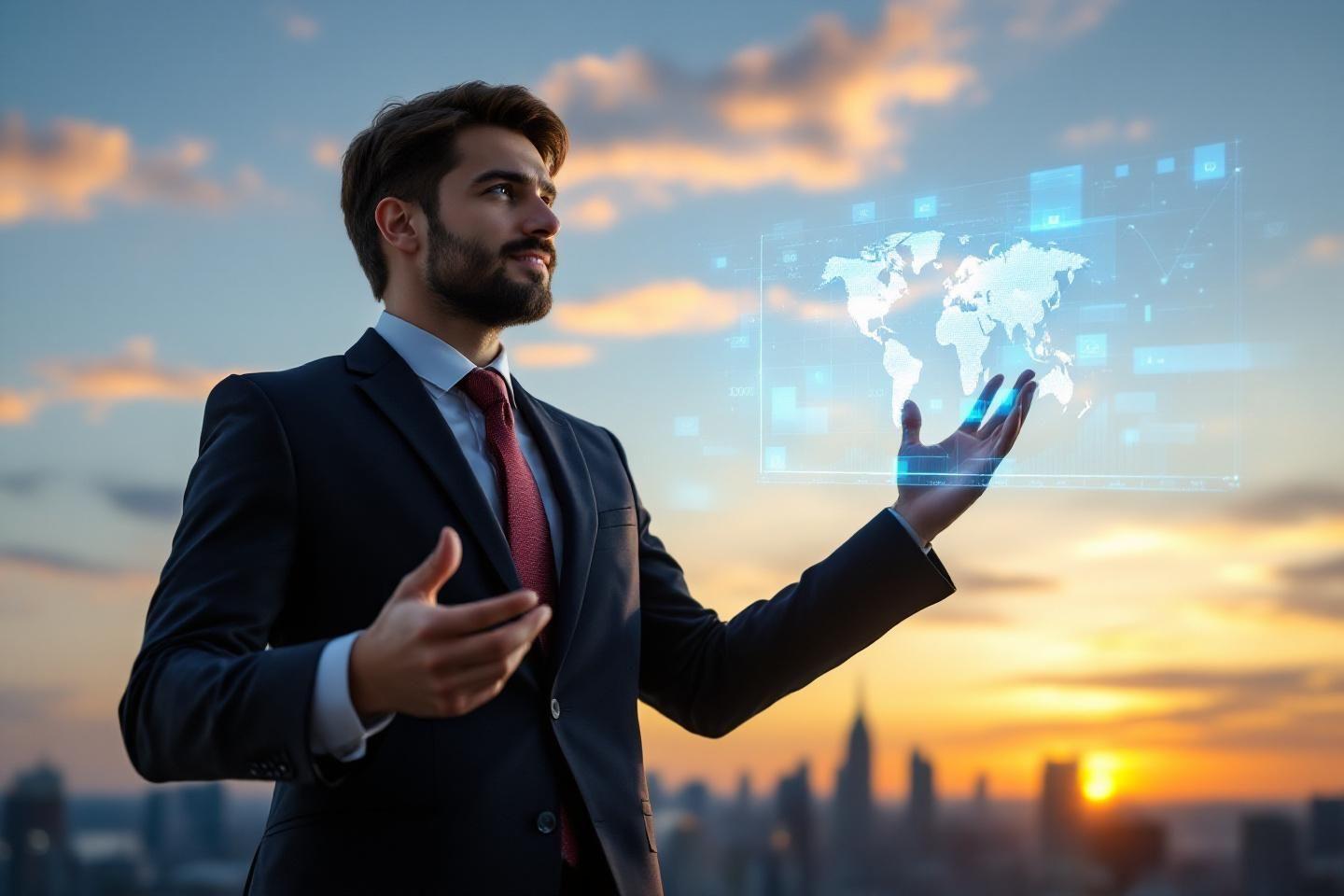 Homme d'affaires pr&eacute;sentant une carte mondiale holographique