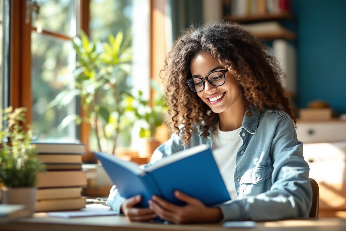 Jeune femme souriante lisant un livre près de plantes