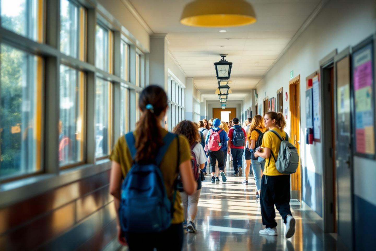 Étudiants marchant avec des sacs à dos dans un couloir lumineux
