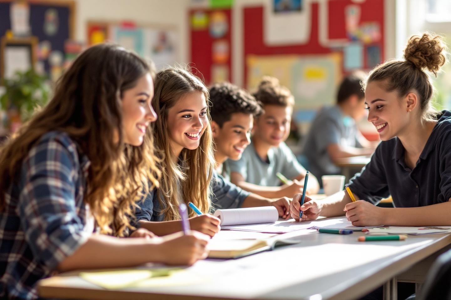 Des &eacute;tudiants souriants &eacute;crivent et collaborent &agrave; une table