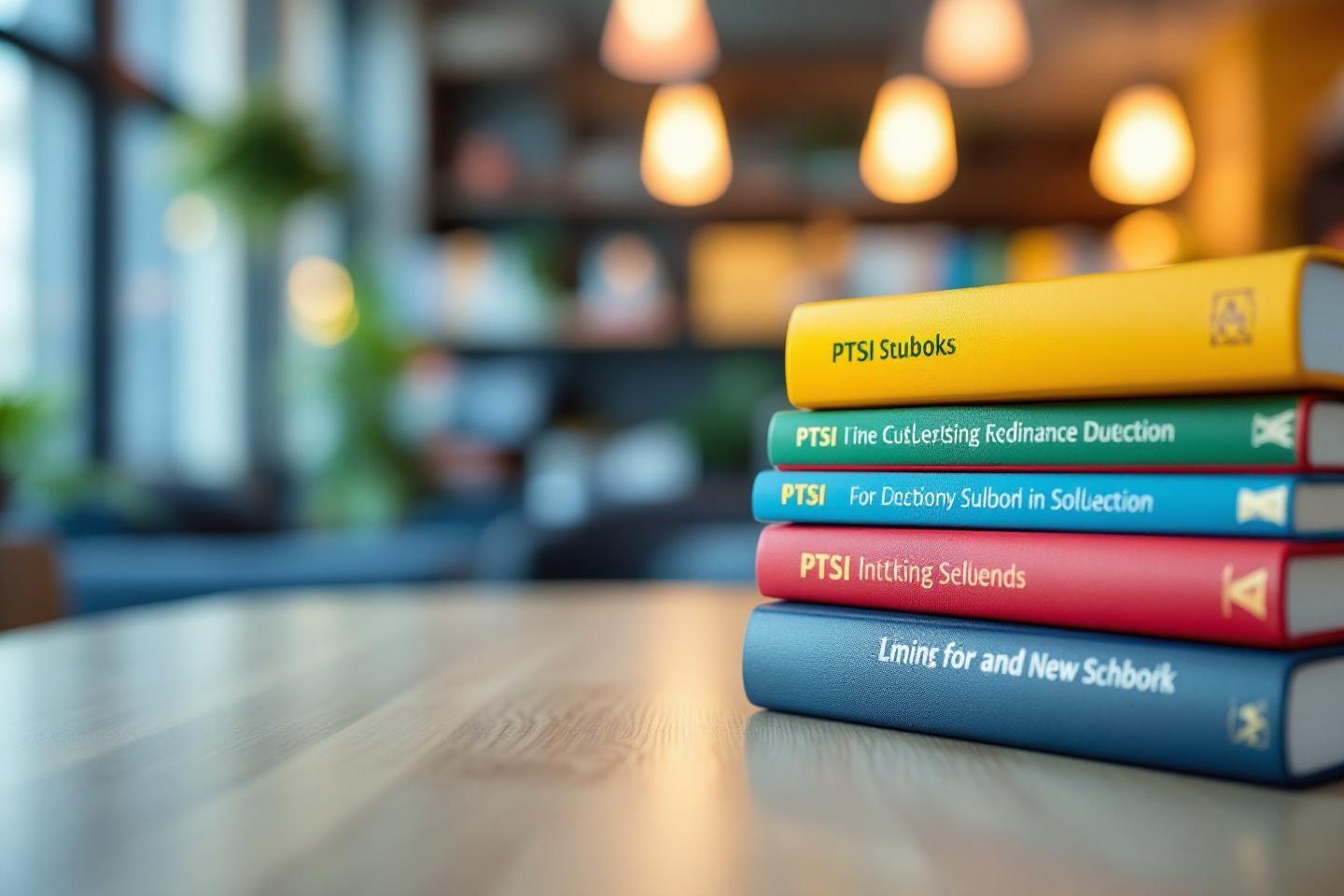 Pile de livres jaunes et bleus sur une table en bois