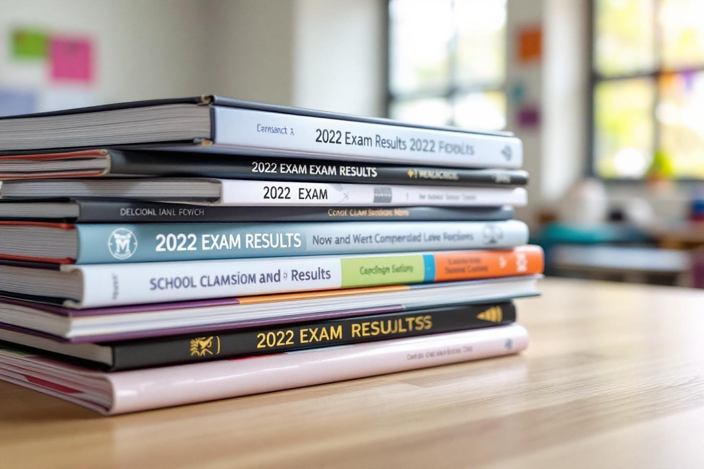 Pile de livres empil&eacute;s avec r&eacute;sultats d'examens de 2022