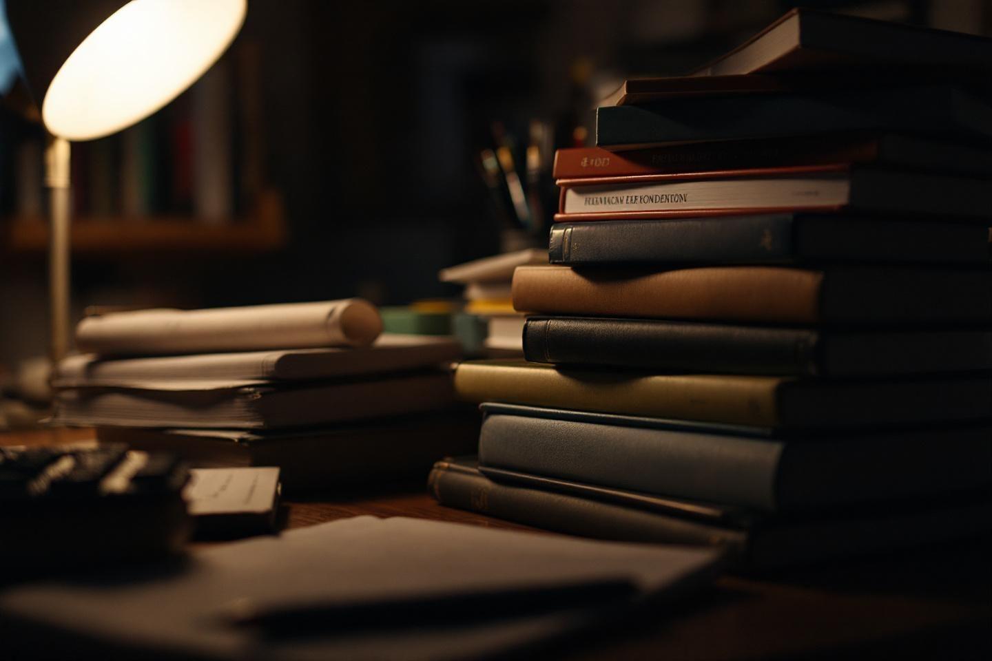 Pile de livres anciens pr&egrave;s d'une lampe tamis&eacute;e