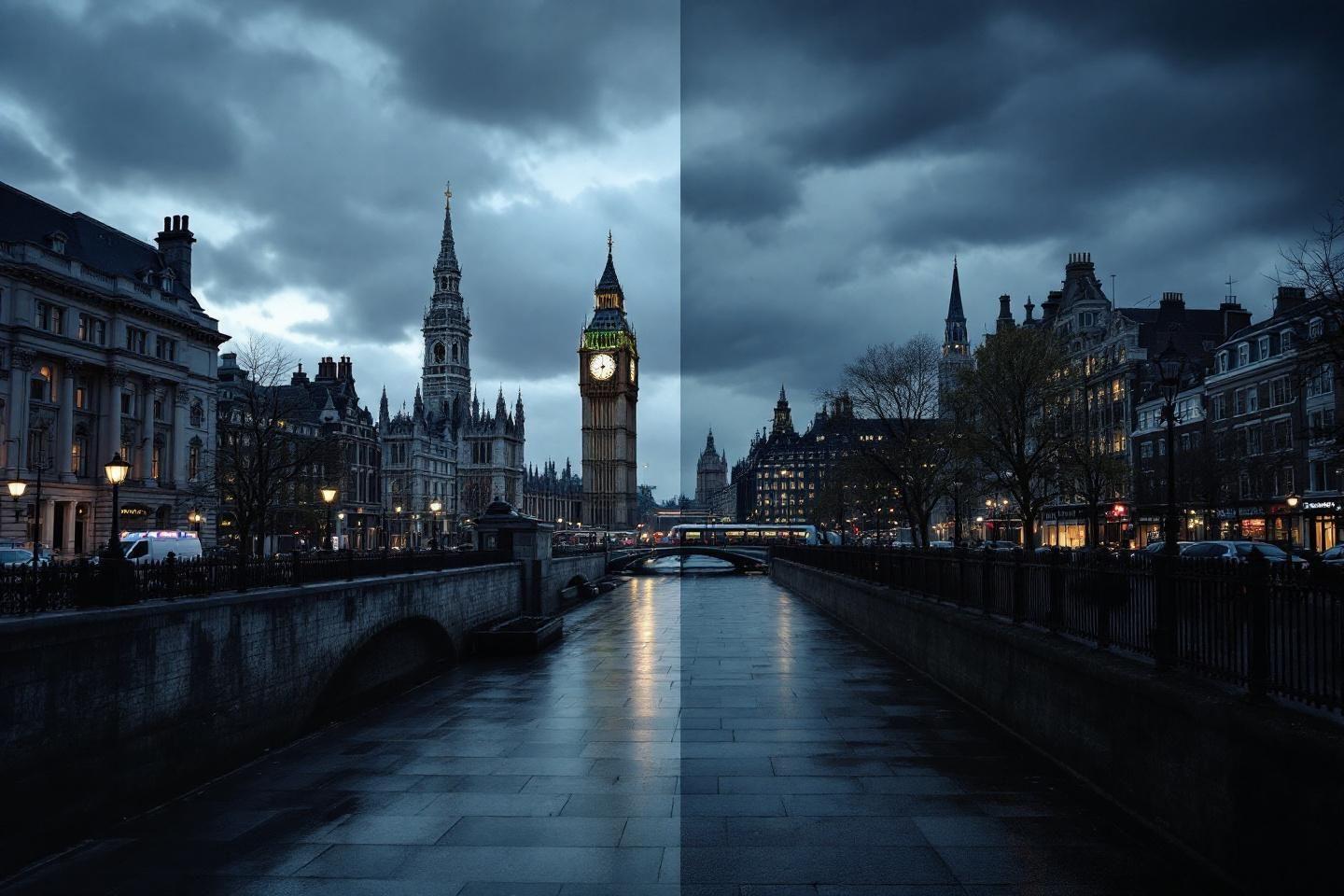 Big Ben et rivi&egrave;re Thames sous un ciel nuageux cr&eacute;pusculaire