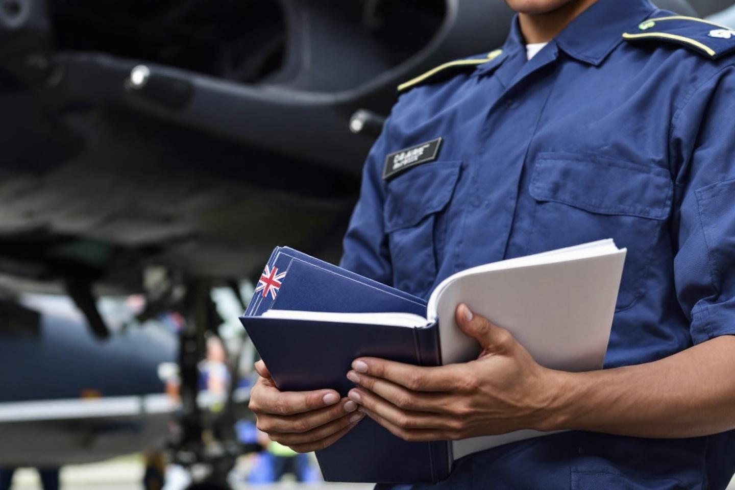 Main en uniforme bleu tenant un livre avec drapeau britannique