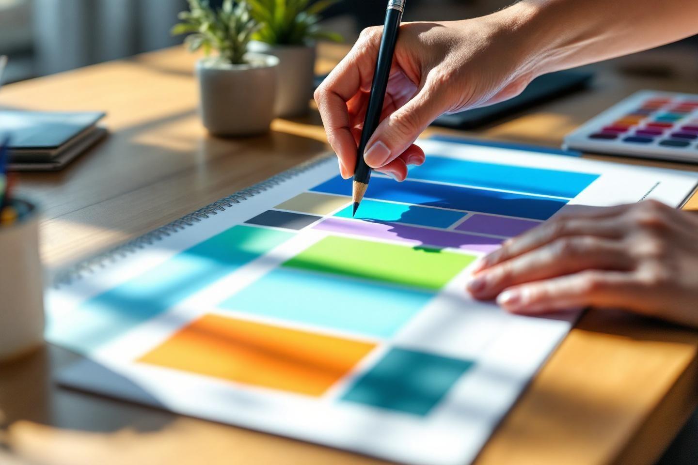 Main dessinant sur une palette de couleurs avec un crayon