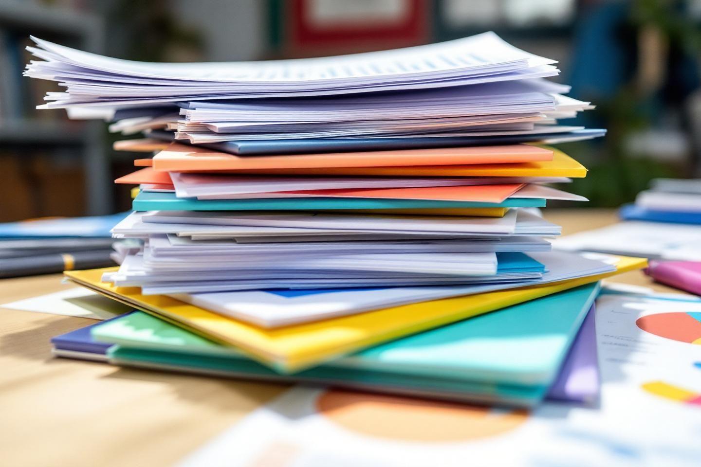 Cahiers et documents de différentes couleurs superposés en désordre