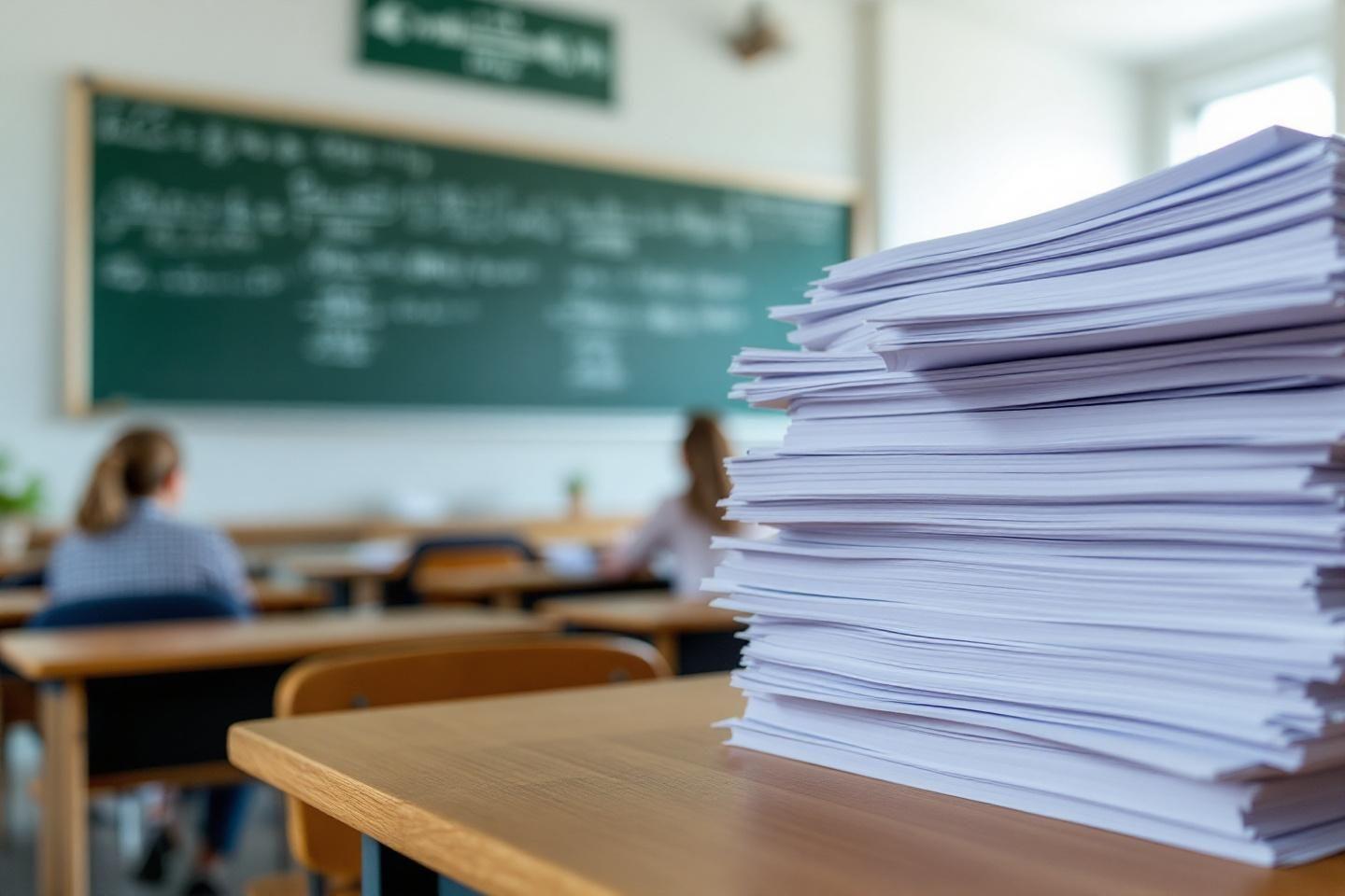 Grande pile de feuilles blanches sur un bureau d'école