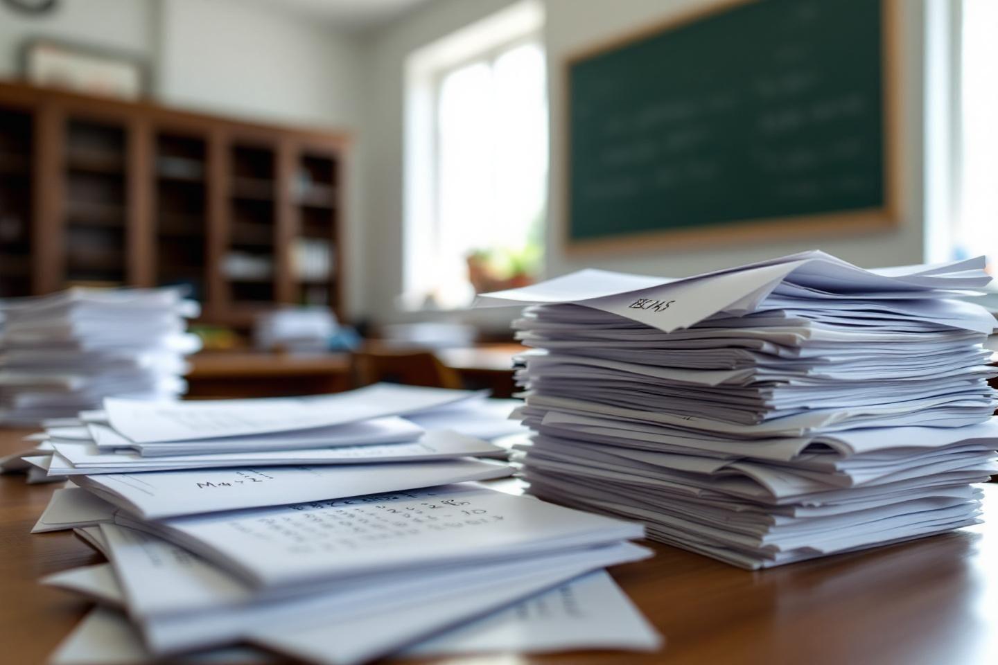 Nombreux papiers et documents éparpillés sur table en bois