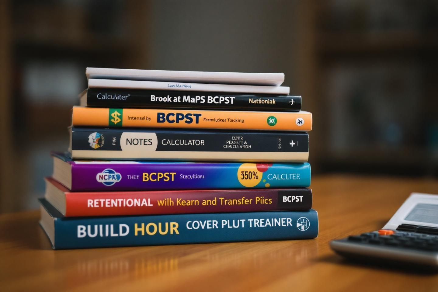 Livres empilés sur une table en bois avec une calculatrice