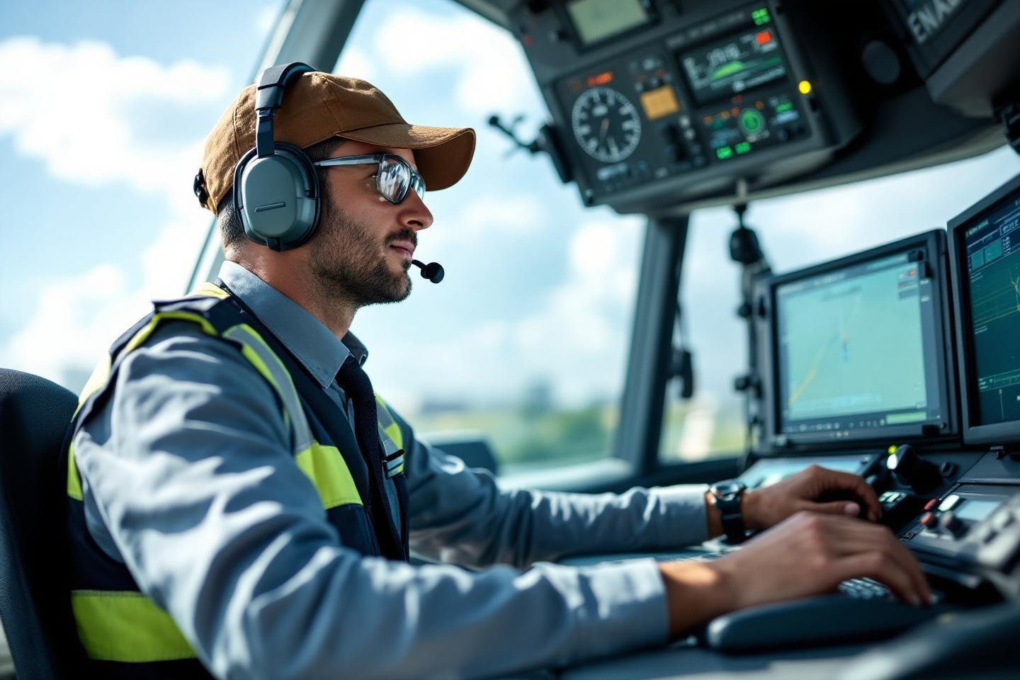 Pilote concentré avec des écouteurs et une tenue professionnelle