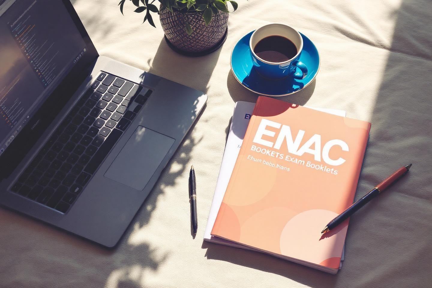 Livre d'examen ENAC, ordinateur portable et tasse de café