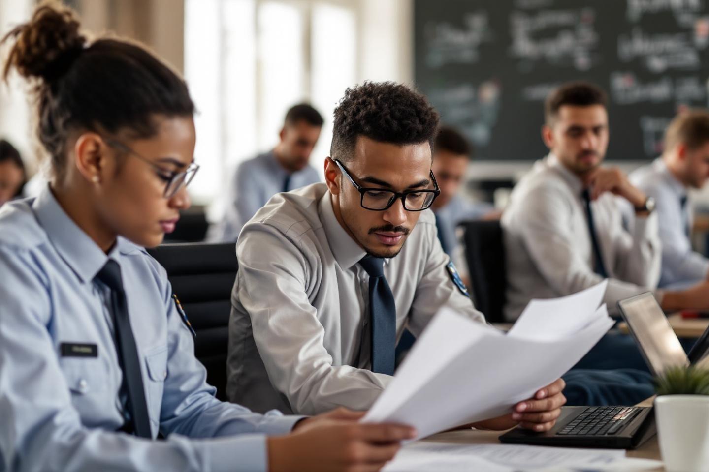 Employ&eacute;s de bureau attentifs travaillant sur des documents